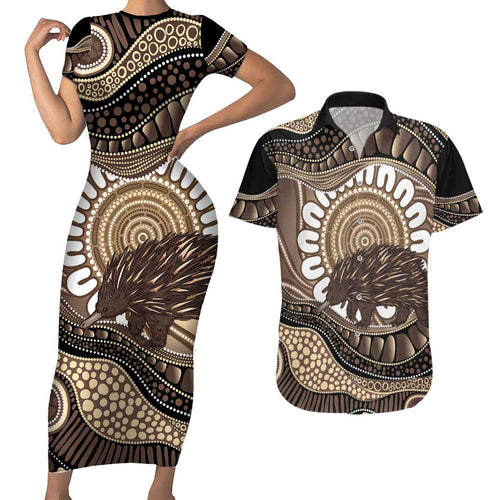 Indigenous Echidna Australia Couples Matching Short Sleeve Bodycon Dress and Hawaiian Shirt Australian Aboriginal Art Proud