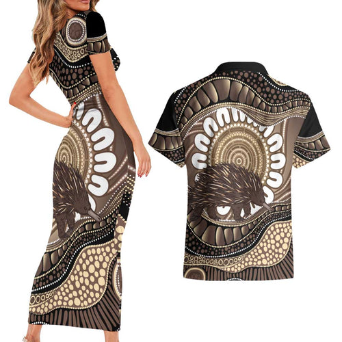 Indigenous Echidna Australia Couples Matching Short Sleeve Bodycon Dress and Hawaiian Shirt Australian Aboriginal Art Proud