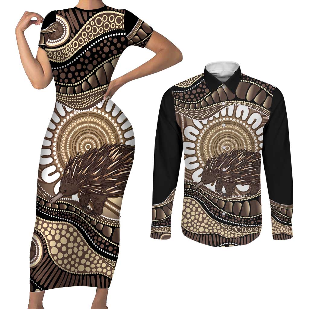 Indigenous Echidna Australia Couples Matching Short Sleeve Bodycon Dress and Long Sleeve Button Shirt Australian Aboriginal Art Proud