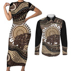 Indigenous Echidna Australia Couples Matching Short Sleeve Bodycon Dress and Long Sleeve Button Shirt Australian Aboriginal Art Proud