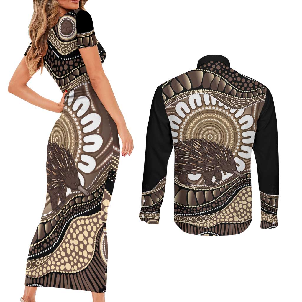 Indigenous Echidna Australia Couples Matching Short Sleeve Bodycon Dress and Long Sleeve Button Shirt Australian Aboriginal Art Proud