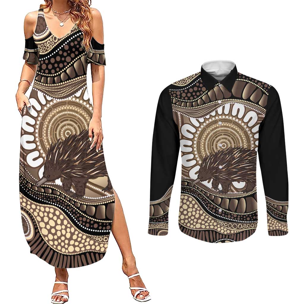 Indigenous Echidna Australia Couples Matching Summer Maxi Dress and Long Sleeve Button Shirt Australian Aboriginal Art Proud
