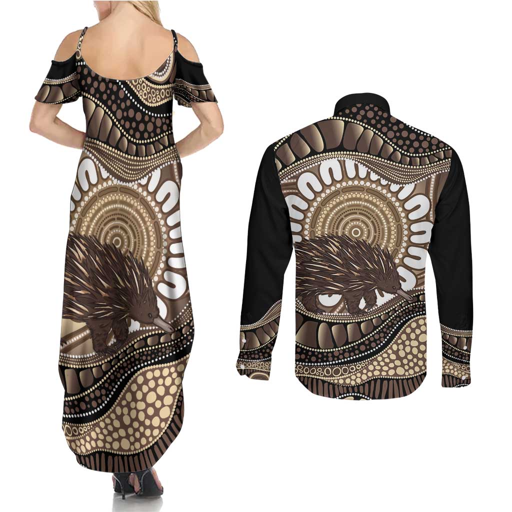 Indigenous Echidna Australia Couples Matching Summer Maxi Dress and Long Sleeve Button Shirt Australian Aboriginal Art Proud