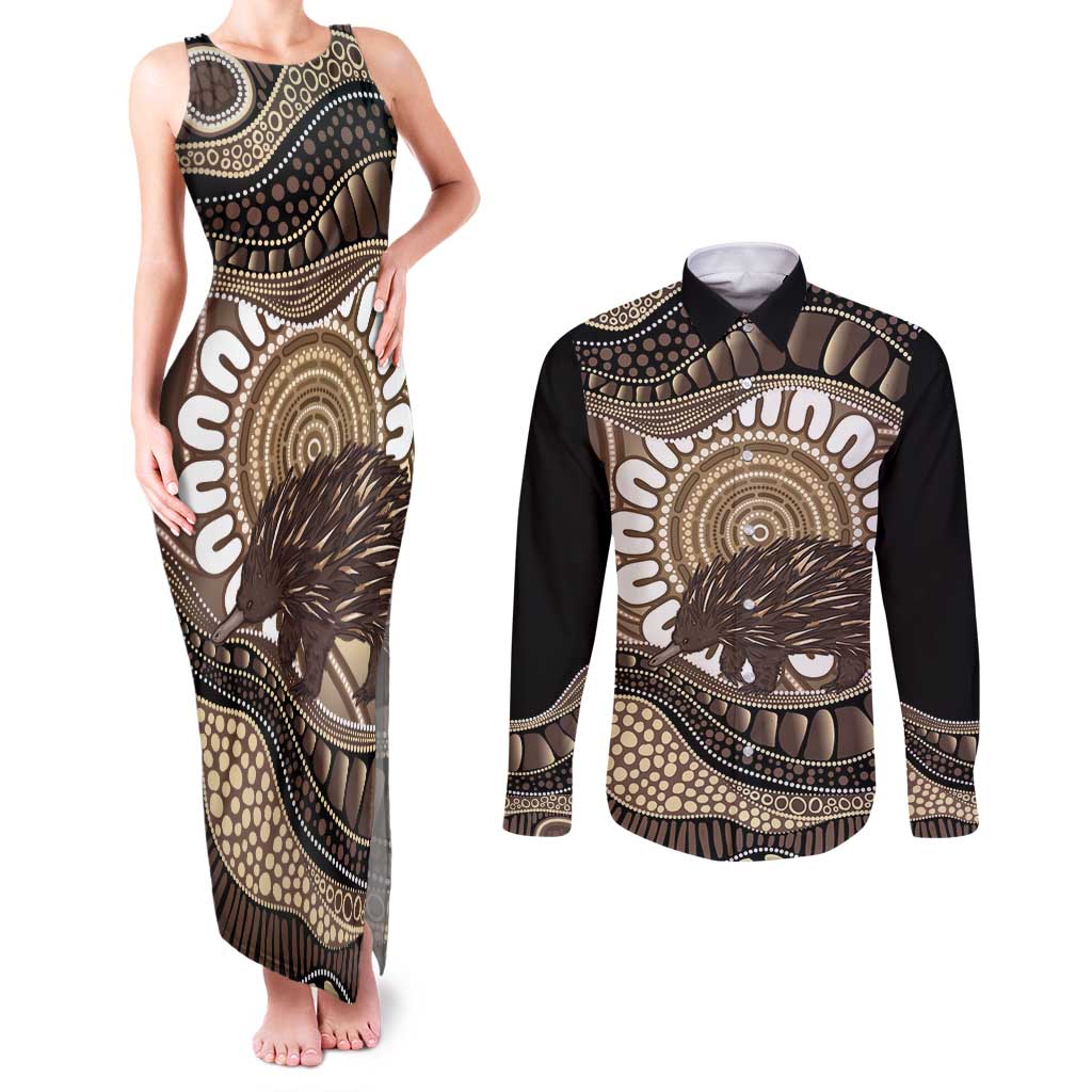 Indigenous Echidna Australia Couples Matching Tank Maxi Dress and Long Sleeve Button Shirt Australian Aboriginal Art Proud