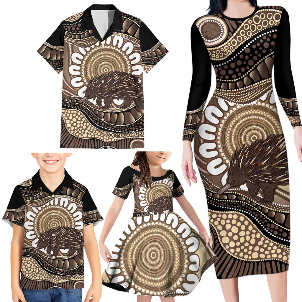 Indigenous Echidna Australia Family Matching Long Sleeve Bodycon Dress and Hawaiian Shirt Australian Aboriginal Art Proud