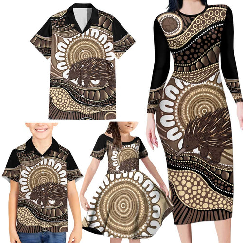 Indigenous Echidna Australia Family Matching Long Sleeve Bodycon Dress and Hawaiian Shirt Australian Aboriginal Art Proud