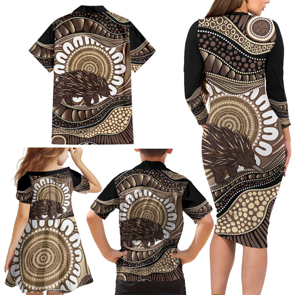 Indigenous Echidna Australia Family Matching Long Sleeve Bodycon Dress and Hawaiian Shirt Australian Aboriginal Art Proud