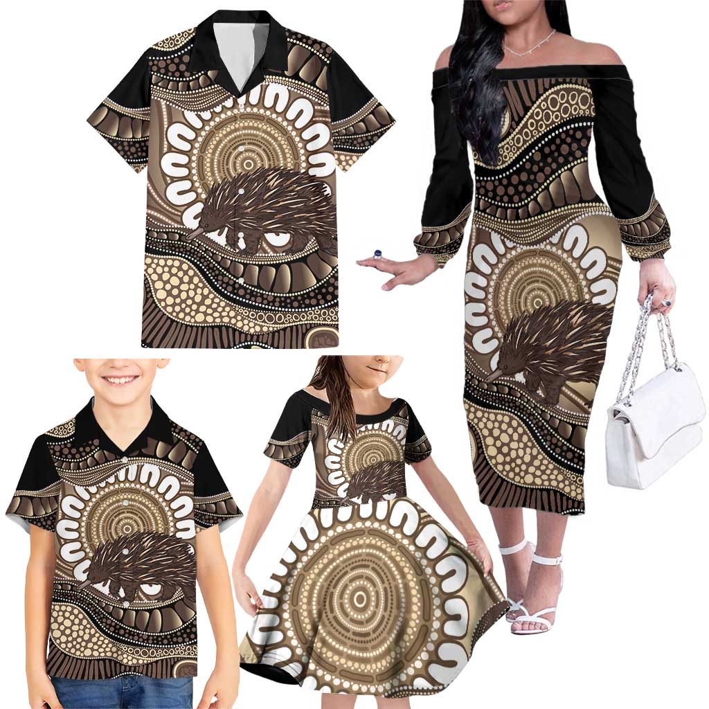 Indigenous Echidna Australia Family Matching Off The Shoulder Long Sleeve Dress and Hawaiian Shirt Australian Aboriginal Art Proud