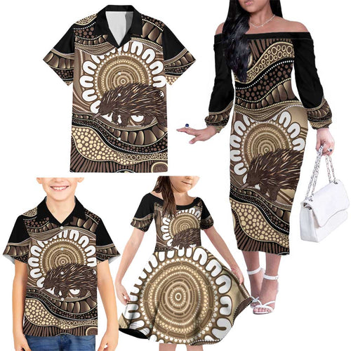 Indigenous Echidna Australia Family Matching Off The Shoulder Long Sleeve Dress and Hawaiian Shirt Australian Aboriginal Art Proud