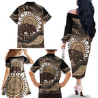 Indigenous Echidna Australia Family Matching Off The Shoulder Long Sleeve Dress and Hawaiian Shirt Australian Aboriginal Art Proud