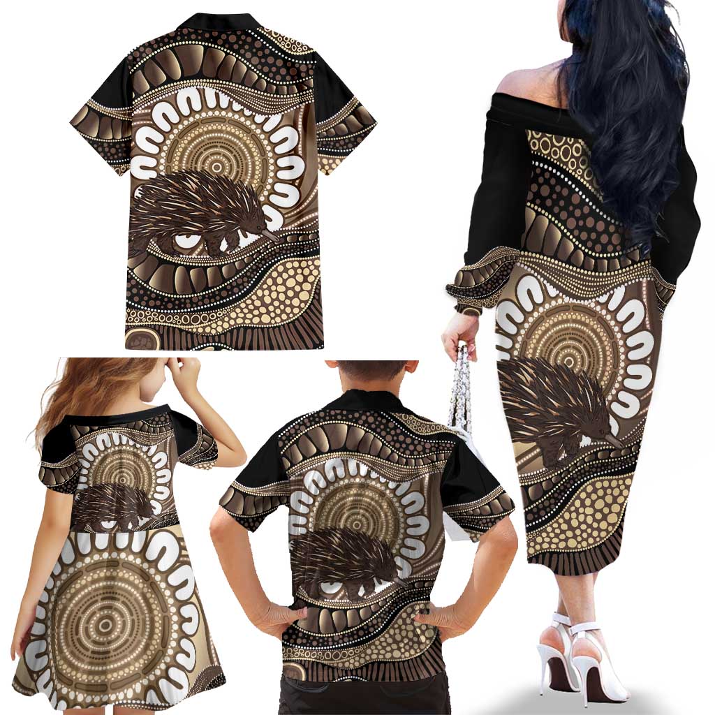 Indigenous Echidna Australia Family Matching Off The Shoulder Long Sleeve Dress and Hawaiian Shirt Australian Aboriginal Art Proud