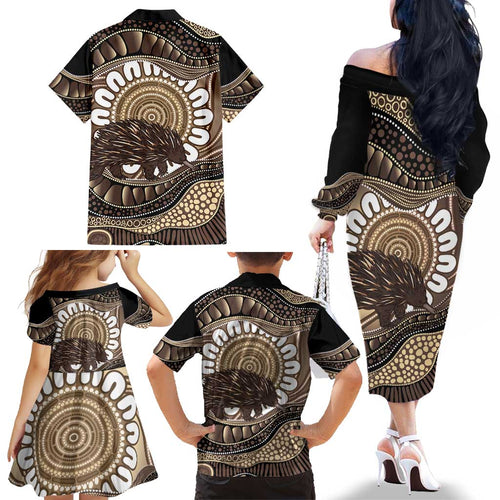 Indigenous Echidna Australia Family Matching Off The Shoulder Long Sleeve Dress and Hawaiian Shirt Australian Aboriginal Art Proud
