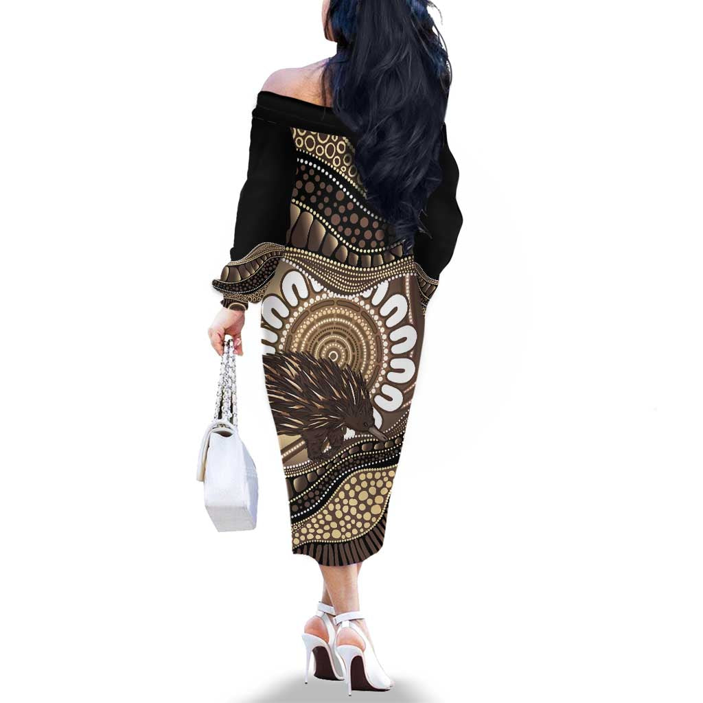 Indigenous Echidna Australia Family Matching Off The Shoulder Long Sleeve Dress and Hawaiian Shirt Australian Aboriginal Art Proud