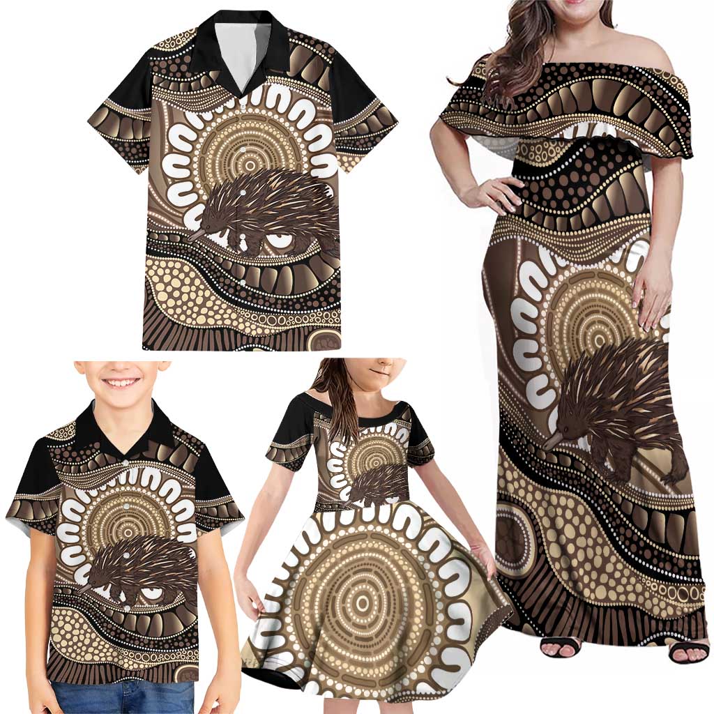 Indigenous Echidna Australia Family Matching Off Shoulder Maxi Dress and Hawaiian Shirt Australian Aboriginal Art Proud