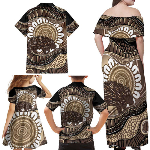 Indigenous Echidna Australia Family Matching Off Shoulder Maxi Dress and Hawaiian Shirt Australian Aboriginal Art Proud