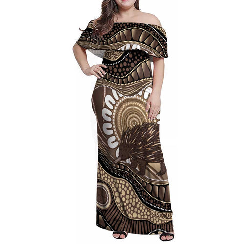 Indigenous Echidna Australia Family Matching Off Shoulder Maxi Dress and Hawaiian Shirt Australian Aboriginal Art Proud