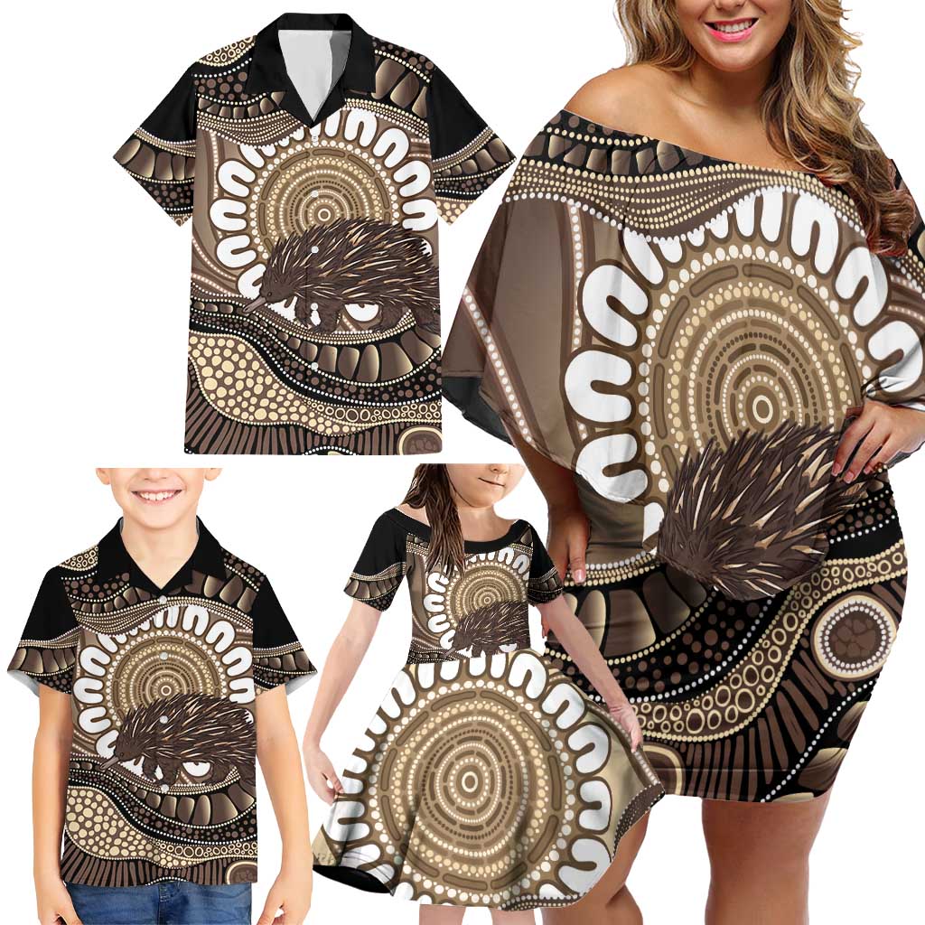 Indigenous Echidna Australia Family Matching Off Shoulder Short Dress and Hawaiian Shirt Australian Aboriginal Art Proud