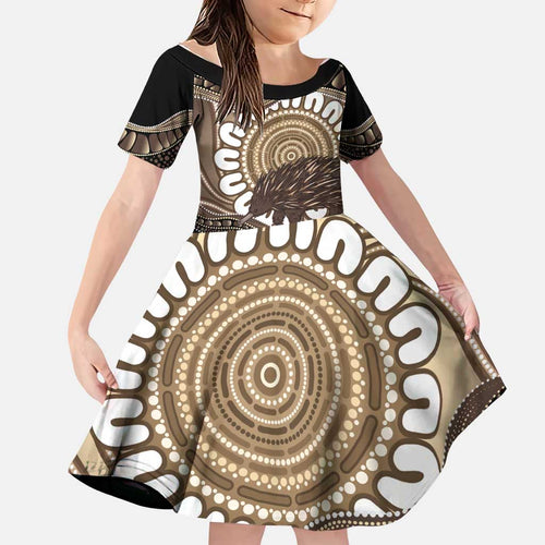 Indigenous Echidna Australia Family Matching Off Shoulder Short Dress and Hawaiian Shirt Australian Aboriginal Art Proud