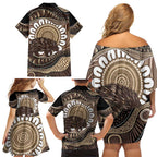 Indigenous Echidna Australia Family Matching Off Shoulder Short Dress and Hawaiian Shirt Australian Aboriginal Art Proud