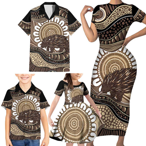 Indigenous Echidna Australia Family Matching Short Sleeve Bodycon Dress and Hawaiian Shirt Australian Aboriginal Art Proud