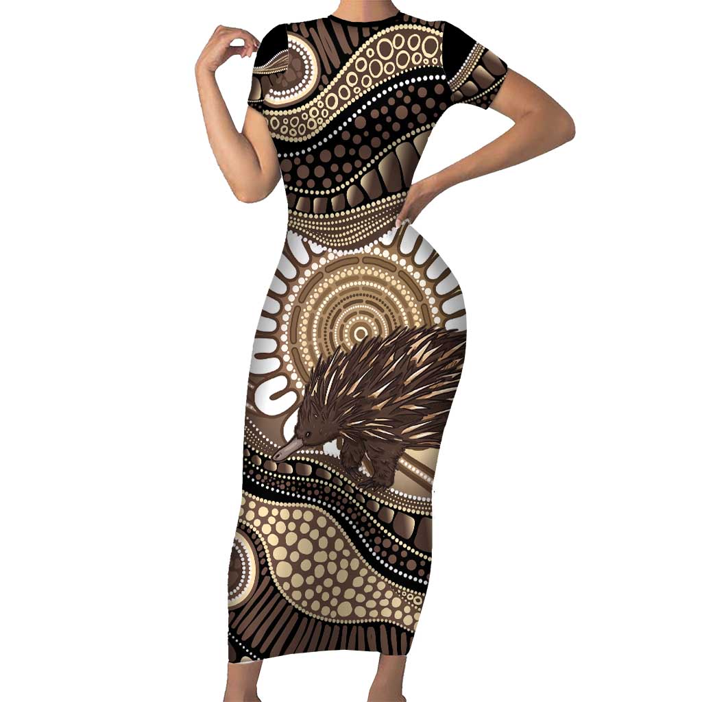 Indigenous Echidna Australia Short Sleeve Bodycon Dress Australian Aboriginal Art Proud