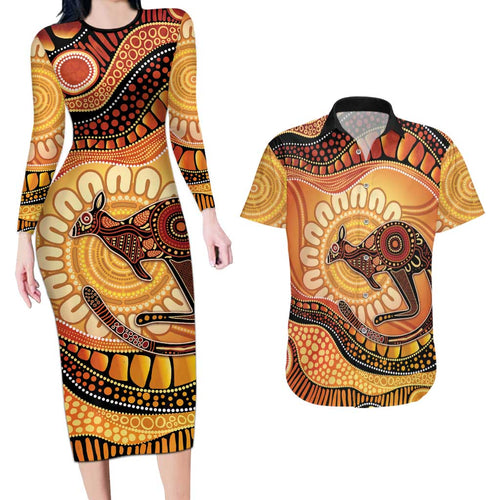 Indigenous Kangaroo Australia Couples Matching Long Sleeve Bodycon Dress and Hawaiian Shirt Australian Aboriginal Art Proud