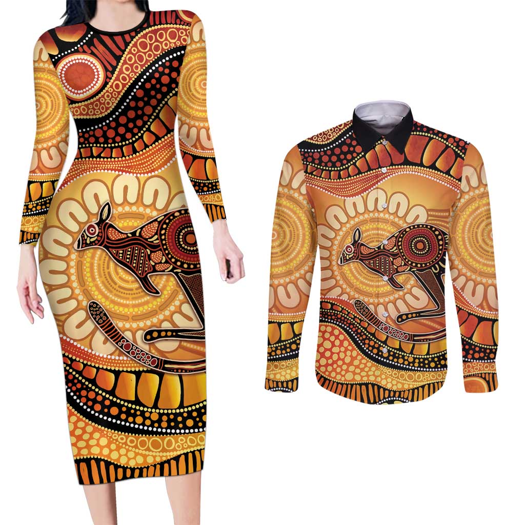 Indigenous Kangaroo Australia Couples Matching Long Sleeve Bodycon Dress and Long Sleeve Button Shirt Australian Aboriginal Art Proud