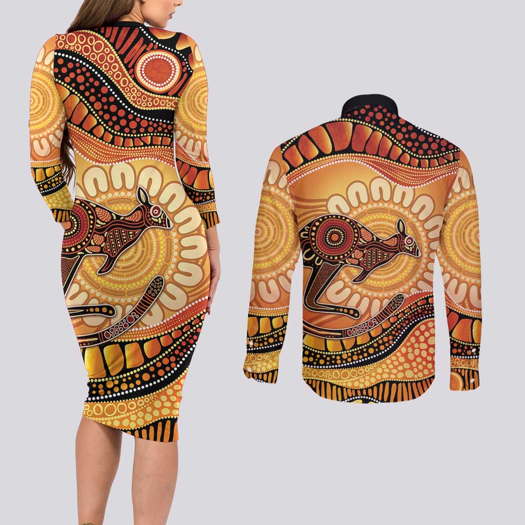 Indigenous Kangaroo Australia Couples Matching Long Sleeve Bodycon Dress and Long Sleeve Button Shirt Australian Aboriginal Art Proud