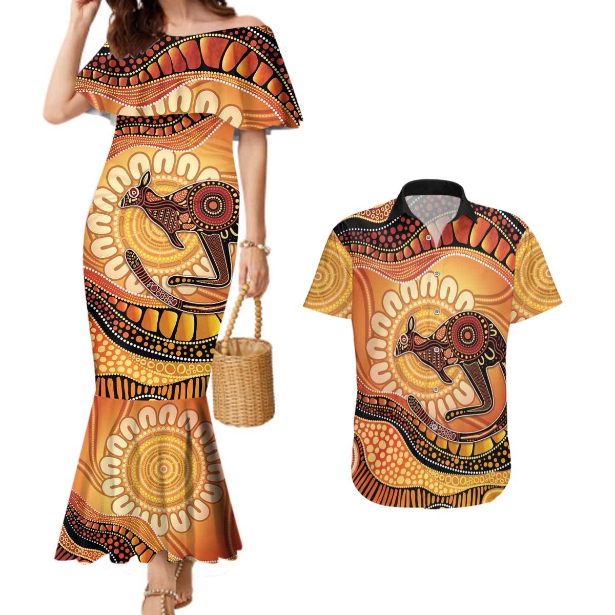 Indigenous Kangaroo Australia Couples Matching Mermaid Dress and Hawaiian Shirt Australian Aboriginal Art Proud