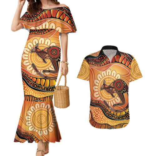 Indigenous Kangaroo Australia Couples Matching Mermaid Dress and Hawaiian Shirt Australian Aboriginal Art Proud