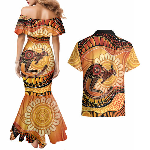 Indigenous Kangaroo Australia Couples Matching Mermaid Dress and Hawaiian Shirt Australian Aboriginal Art Proud