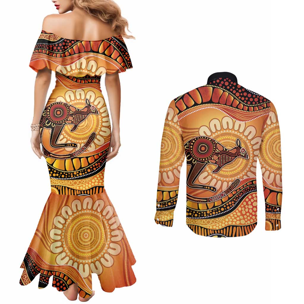 Indigenous Kangaroo Australia Couples Matching Mermaid Dress and Long Sleeve Button Shirt Australian Aboriginal Art Proud