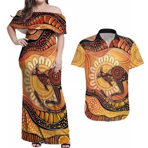 Indigenous Kangaroo Australia Couples Matching Off Shoulder Maxi Dress and Hawaiian Shirt Australian Aboriginal Art Proud