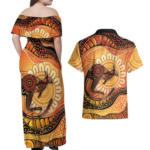 Indigenous Kangaroo Australia Couples Matching Off Shoulder Maxi Dress and Hawaiian Shirt Australian Aboriginal Art Proud