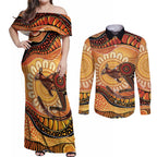 Indigenous Kangaroo Australia Couples Matching Off Shoulder Maxi Dress and Long Sleeve Button Shirt Australian Aboriginal Art Proud