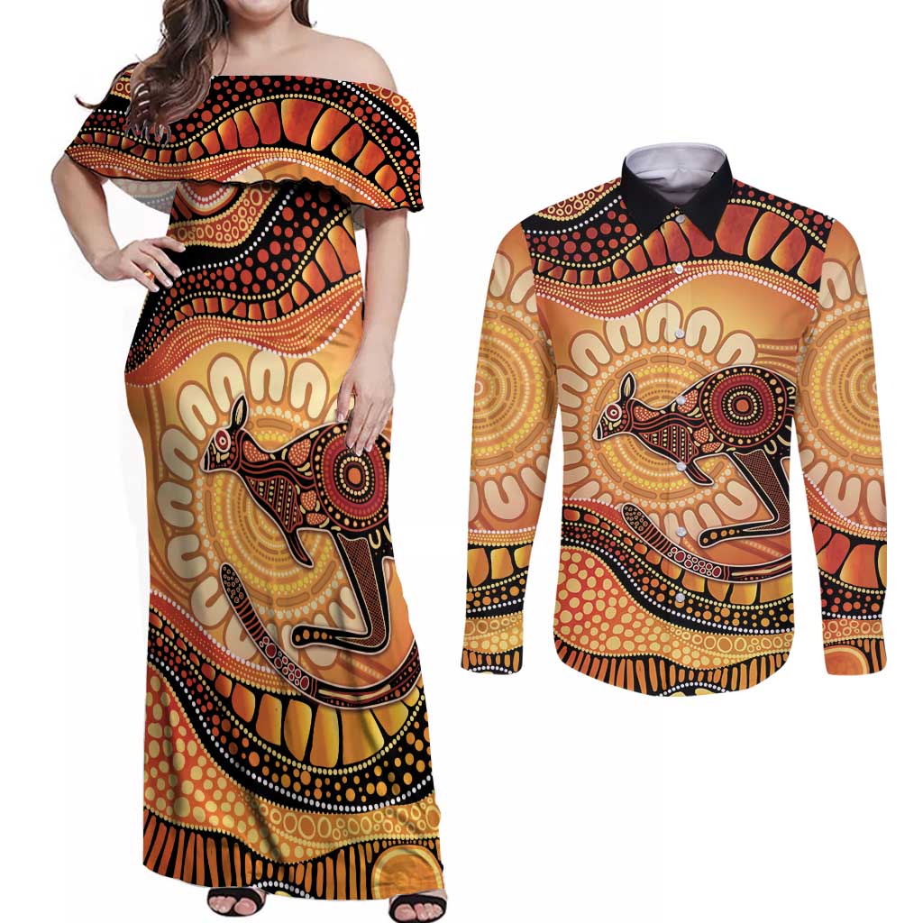 Indigenous Kangaroo Australia Couples Matching Off Shoulder Maxi Dress and Long Sleeve Button Shirt Australian Aboriginal Art Proud