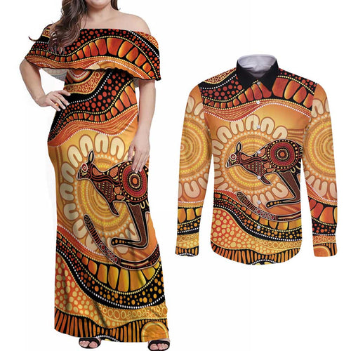 Indigenous Kangaroo Australia Couples Matching Off Shoulder Maxi Dress and Long Sleeve Button Shirt Australian Aboriginal Art Proud