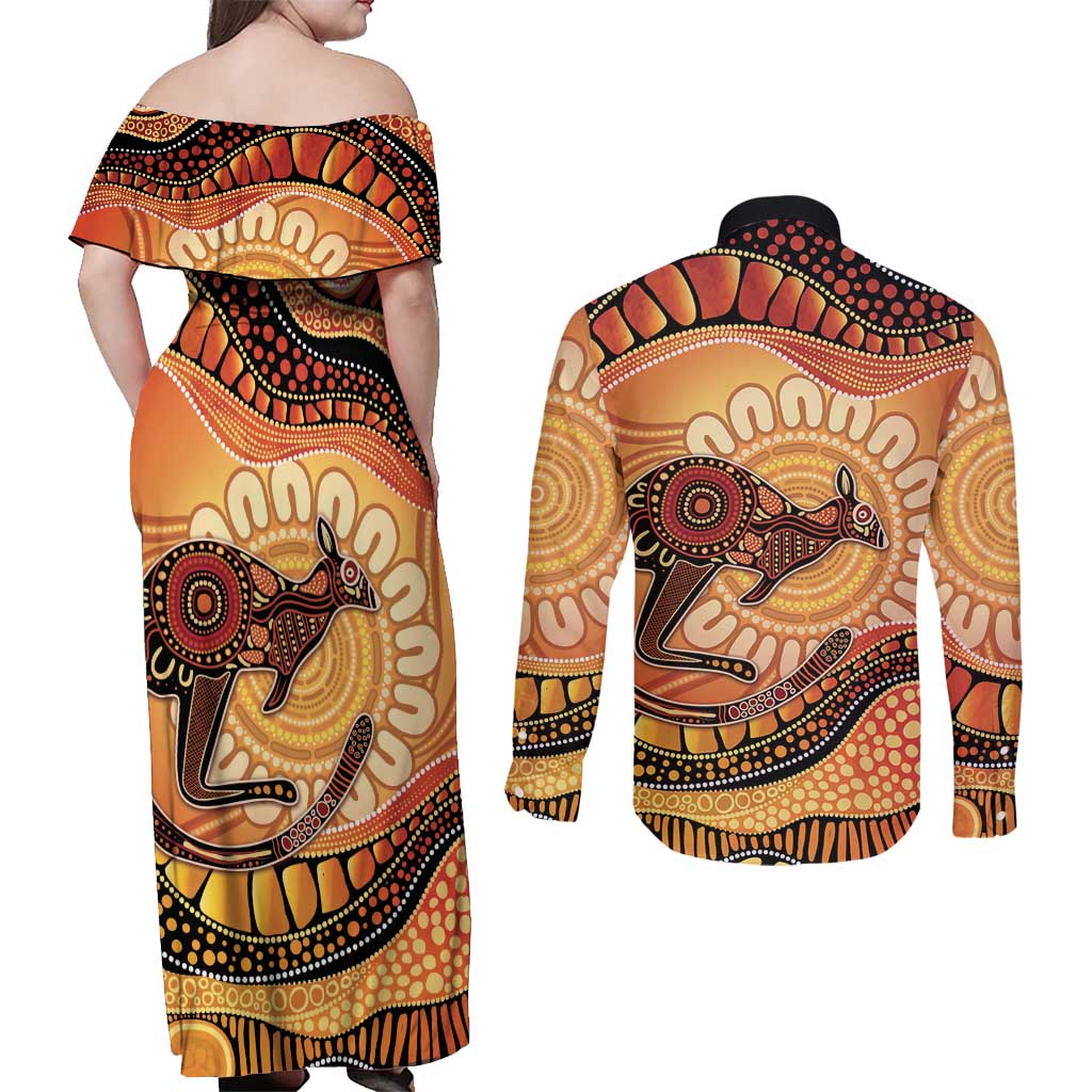 Indigenous Kangaroo Australia Couples Matching Off Shoulder Maxi Dress and Long Sleeve Button Shirt Australian Aboriginal Art Proud