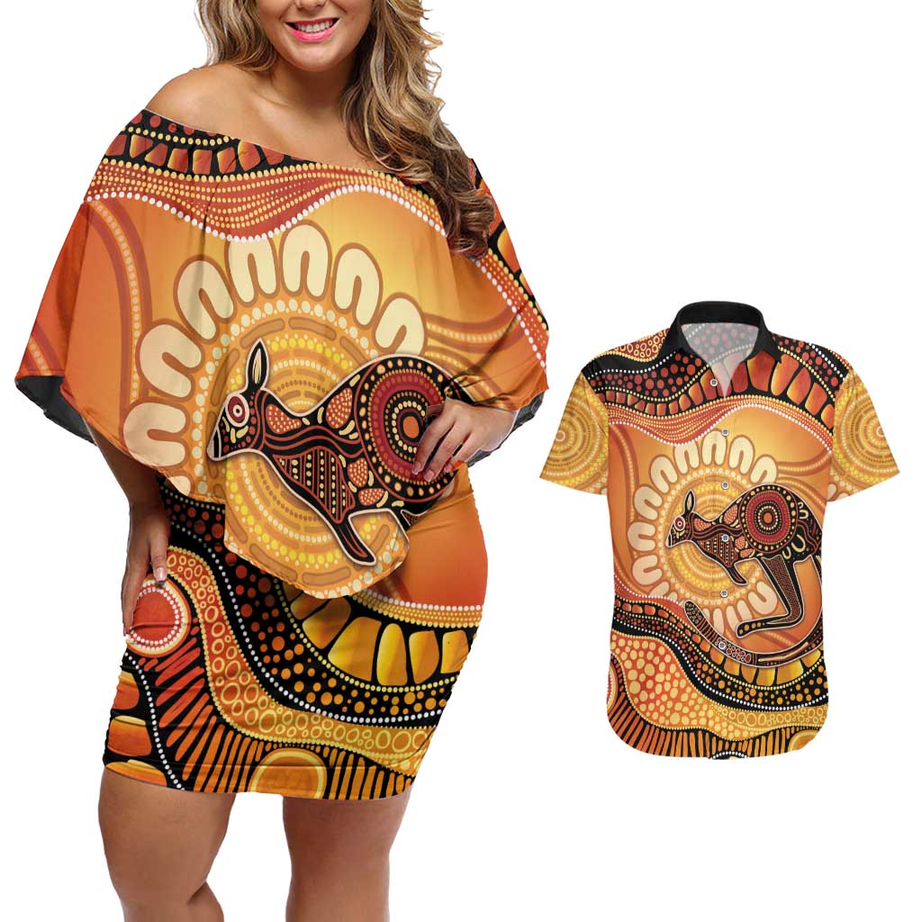 Indigenous Kangaroo Australia Couples Matching Off Shoulder Short Dress and Hawaiian Shirt Australian Aboriginal Art Proud