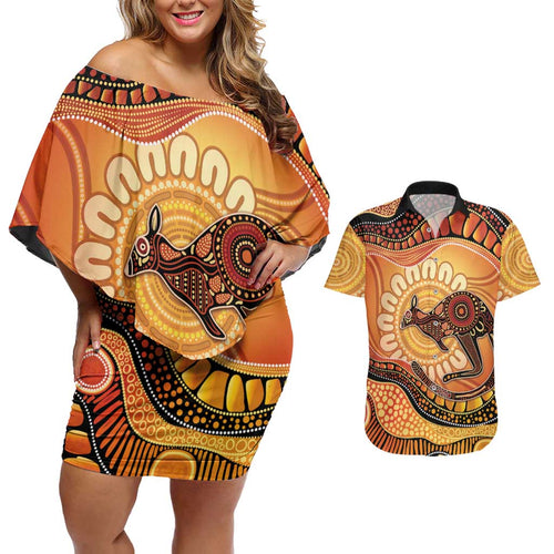 Indigenous Kangaroo Australia Couples Matching Off Shoulder Short Dress and Hawaiian Shirt Australian Aboriginal Art Proud