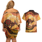 Indigenous Kangaroo Australia Couples Matching Off Shoulder Short Dress and Hawaiian Shirt Australian Aboriginal Art Proud