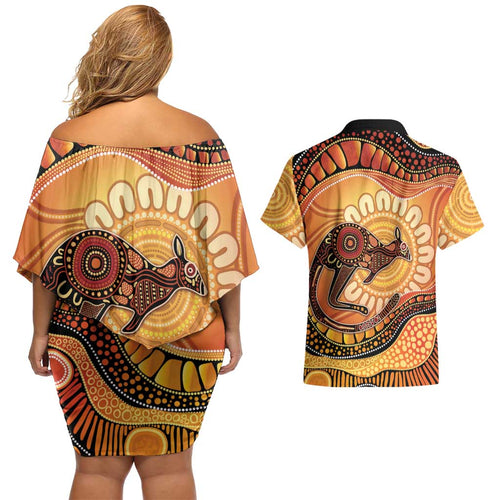 Indigenous Kangaroo Australia Couples Matching Off Shoulder Short Dress and Hawaiian Shirt Australian Aboriginal Art Proud