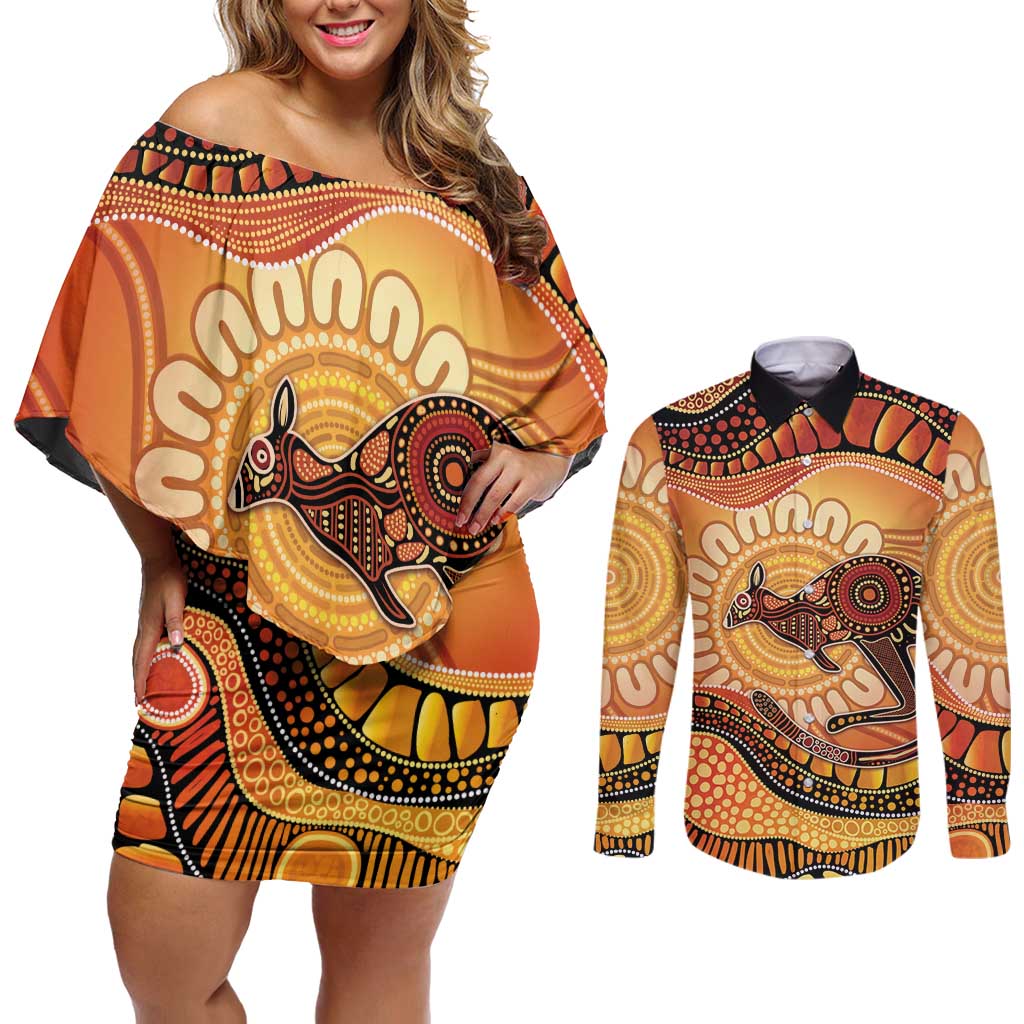 Indigenous Kangaroo Australia Couples Matching Off Shoulder Short Dress and Long Sleeve Button Shirt Australian Aboriginal Art Proud