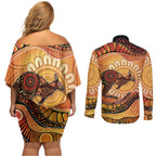 Indigenous Kangaroo Australia Couples Matching Off Shoulder Short Dress and Long Sleeve Button Shirt Australian Aboriginal Art Proud