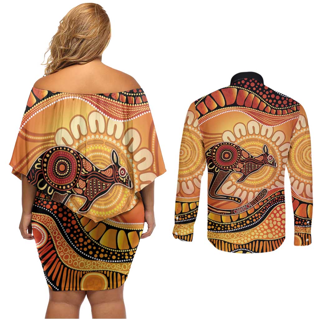 Indigenous Kangaroo Australia Couples Matching Off Shoulder Short Dress and Long Sleeve Button Shirt Australian Aboriginal Art Proud