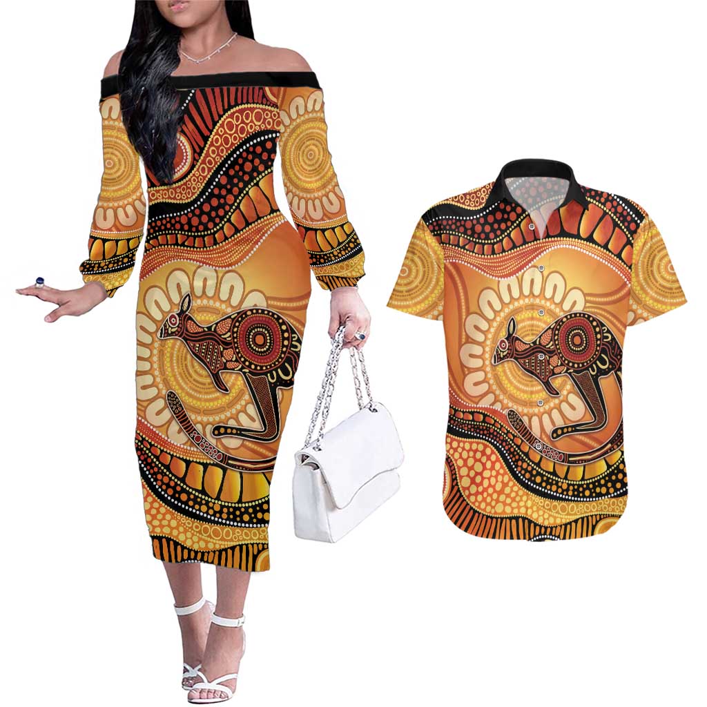 Indigenous Kangaroo Australia Couples Matching Off The Shoulder Long Sleeve Dress and Hawaiian Shirt Australian Aboriginal Art Proud