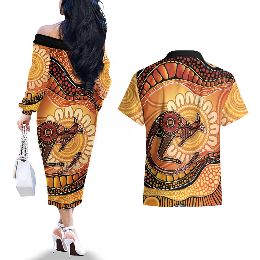 Indigenous Kangaroo Australia Couples Matching Off The Shoulder Long Sleeve Dress and Hawaiian Shirt Australian Aboriginal Art Proud