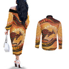 Indigenous Kangaroo Australia Couples Matching Off The Shoulder Long Sleeve Dress and Long Sleeve Button Shirt Australian Aboriginal Art Proud