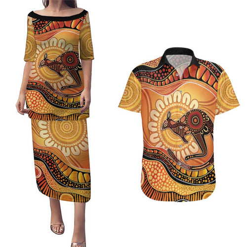 Indigenous Kangaroo Australia Couples Matching Puletasi and Hawaiian Shirt Australian Aboriginal Art Proud