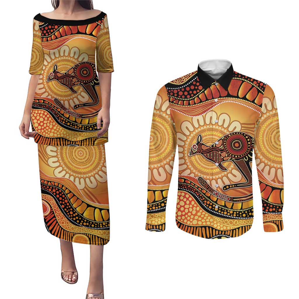 Indigenous Kangaroo Australia Couples Matching Puletasi and Long Sleeve Button Shirt Australian Aboriginal Art Proud